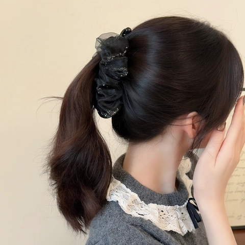 Elegant Black Pleated Mesh Banana Hair Clip For Women Retro Organza Vertical Clip Rhinestone Ponytail Holder Hair Accessory