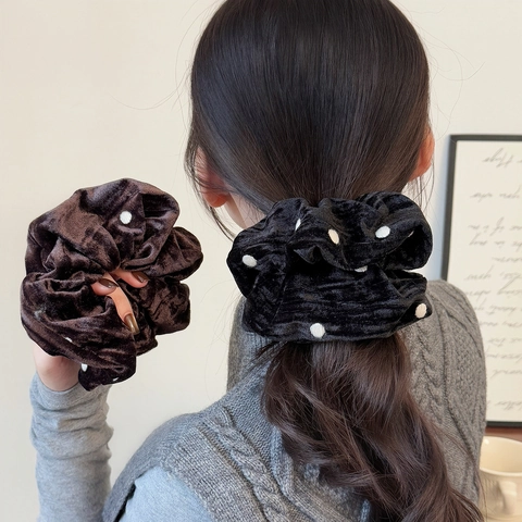 Vintage Velvet Polka Dot Large Scrunchies Handmade Elastic Hair Ties For Women Korean Style Retro Ponytail Hair Rope
