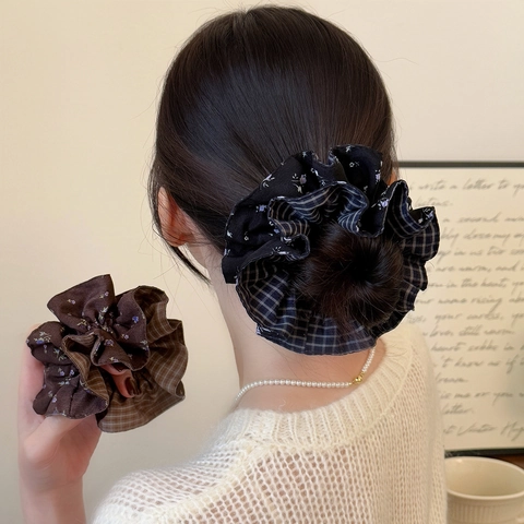 Dubbellaagse Retro Academische Scrunchie Ruit Bloemenpatroon Hoge Elasticiteit Stof Haaring Voor Dames Dagelijkse Accessoires