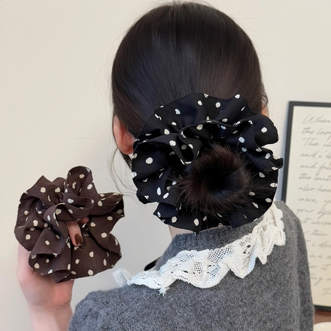 Korean Pleated Double Layer Polka Dot Scrunchies Retro High Elastic Large Intestine Hair Ties For Women Daily Hair Accessories