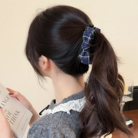 Koreanischer Preppy-Stil Karo Schleife Bananen-Clip Retro Stoff Haarklammer Eleganter Haarschmuck Für Damen Alltag