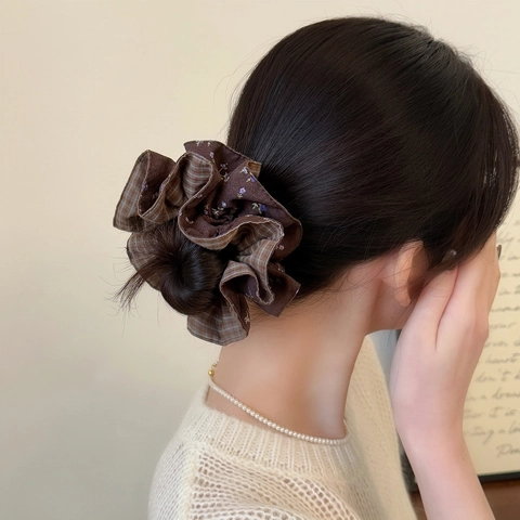 Dubbellaagse Retro Academische Scrunchie Ruit Bloemenpatroon Hoge Elasticiteit Stof Haaring Voor Dames Dagelijkse Accessoires