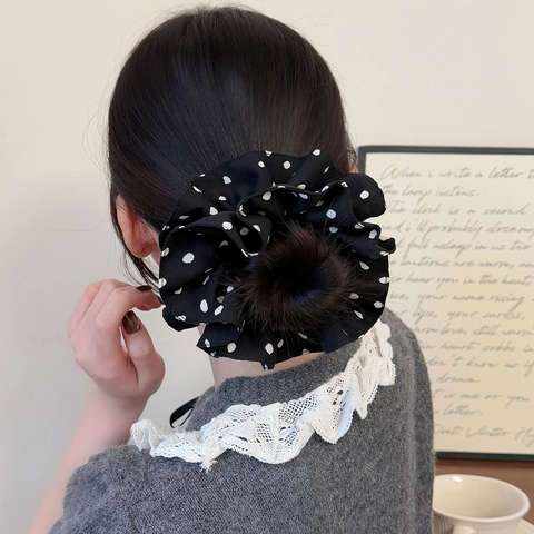 Korean Pleated Double Layer Polka Dot Scrunchies Retro High Elastic Large Intestine Hair Ties For Women Daily Hair Accessories