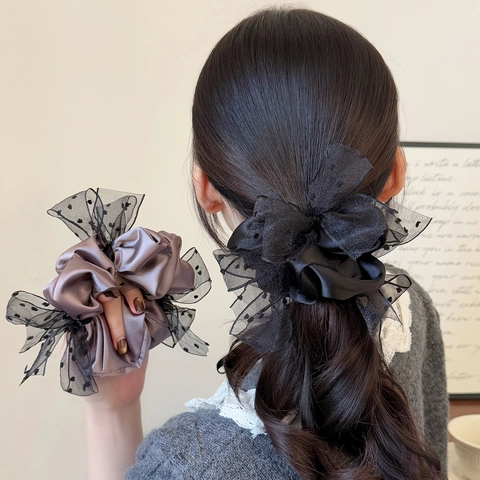 Grands Chouchous En Satin Avec Nœud Pour Femmes Maille À Pois Élégant Porte Queue De Cheval Élastiques À Cheveux Accessoires Faits Main