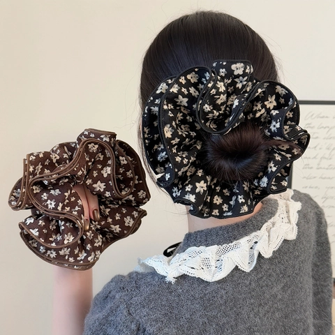 Vintage Floreale Tessuto Grandi Scrunchie per Donna Stile Coreano Pieghettato Elastico per Capelli Fascia Decorativa