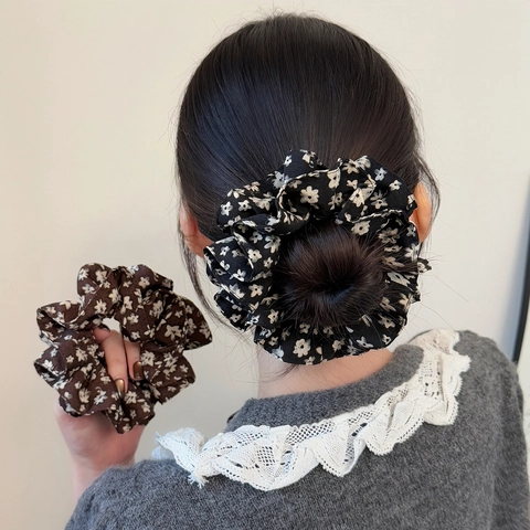 Eleganti Elastici per Capelli a Doppio Strato con Stampa Floreale Vintage in Tessuto Elastici Grandi per Donna Accessori Capelli Coreani