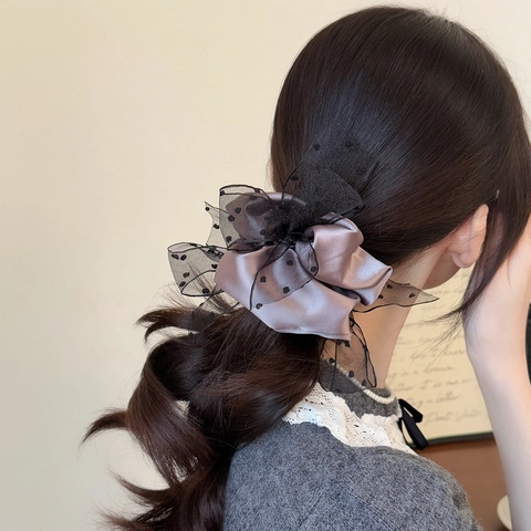 Grands Chouchous En Satin Avec Nœud Pour Femmes Maille À Pois Élégant Porte Queue De Cheval Élastiques À Cheveux Accessoires Faits Main