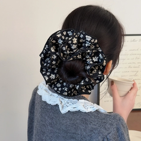 Vintage Floreale Tessuto Grandi Scrunchie per Donna Stile Coreano Pieghettato Elastico per Capelli Fascia Decorativa