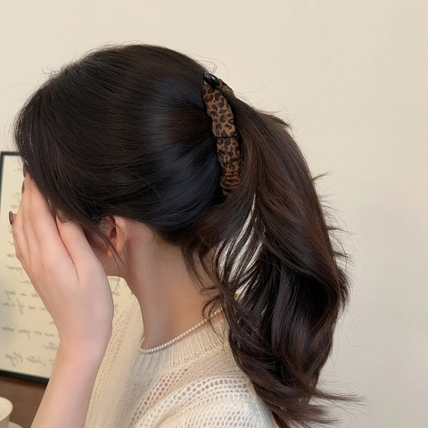 Fermaglio a Banana per Capelli con Stampa Leopardata Vintage per Donna Elegante Forcina in Tessuto Plissettato Porta Coda