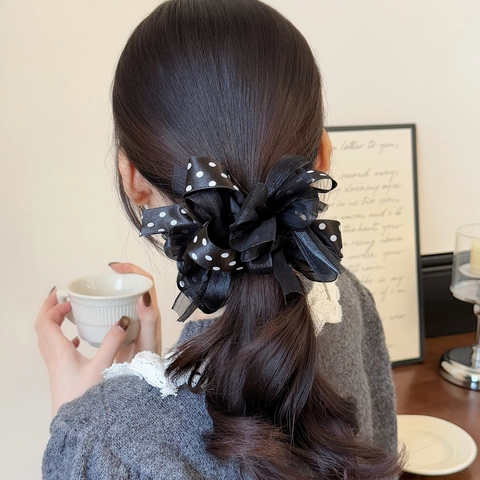 Elegante Elastico Per Capelli Nero A Pois Con Nastro Grande Fiocco In Stile Coreano Anello Per Capelli Pieghettato Porta Coda Di Cavallo Accessori Per Capelli Donna