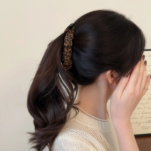 Fermaglio a Banana per Capelli con Stampa Leopardata Vintage per Donna Elegante Forcina in Tessuto Plissettato Porta Coda