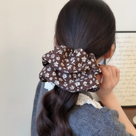 Scrunchies in Velluto Floreale Oversize Vintage Stile Coreano Elastici per Capelli Pieghettati Elegante Porta Coda a Fiori per Donna