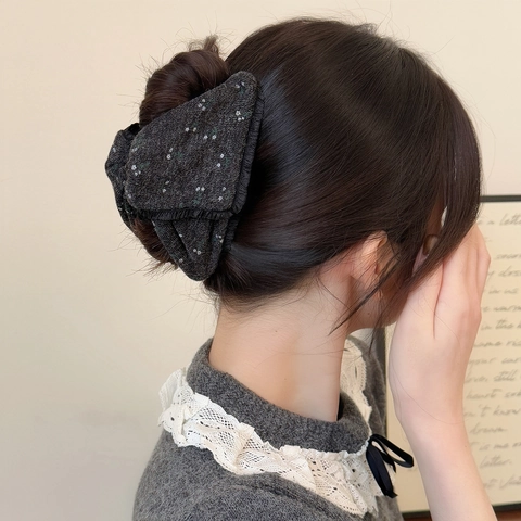 Pinza de Pelo Floral de Tela Tejida Vintage Retro Exquisito Borde de Encaje Clip de Tiburón Tocado de Moda con Lazo Grande para Peinado de Mujer