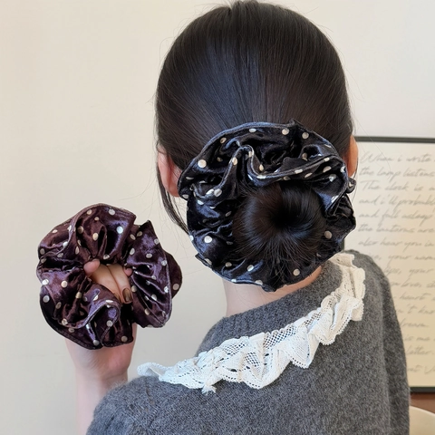 Vintage Lucido Raso Polka Dot Doppio Strato Scrunchies Per Le Donne Retro Grande Elastico Cravatte Per Capelli Eleganti Accessori