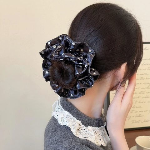 Vintage Lucido Raso Polka Dot Doppio Strato Scrunchies Per Le Donne Retro Grande Elastico Cravatte Per Capelli Eleganti Accessori