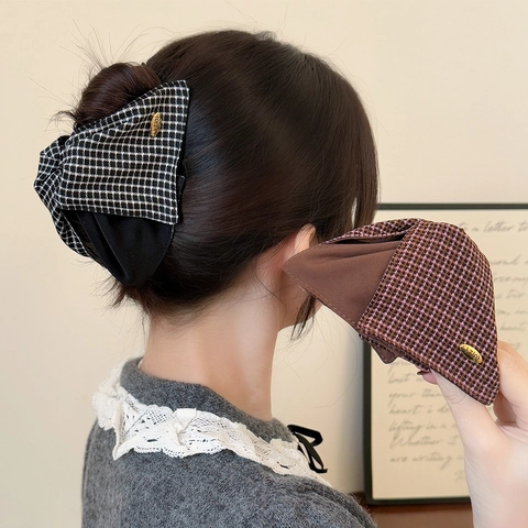 Pinza para el Cabello de Tela a Cuadros Vintage Estilo Coreano Elegante Pata de Gallo Patchwork con Etiqueta de Metal para Mujer