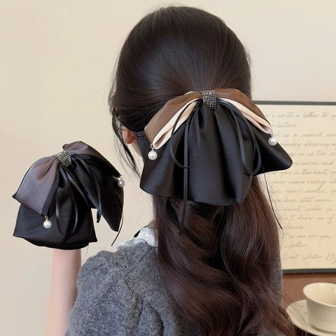 Fermaglio per Capelli con Fiocco in Raso Stile Coreano con Perla Artificiale Strass Elegante Pinza per Capelli per Donna