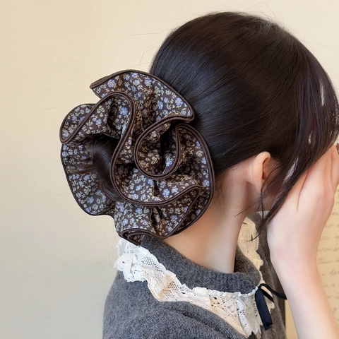 Vintage Scrunchie Van Stof Met Bloemenprint Grote Haarband Voor Dames Meisjes Paardenstaart Knot Houder Retro Geplooid