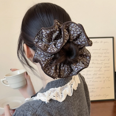 Vintage Scrunchie Van Stof Met Bloemenprint Grote Haarband Voor Dames Meisjes Paardenstaart Knot Houder Retro Geplooid