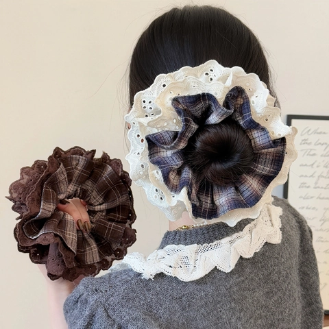 Κορεάτικο Στυλ Καρό Δαντελένιο Scrunchie Vintage Υφασμάτινο Λαστιχάκι Μαλλιών για Γυναίκες Μεγάλο Ανθισμένο Τελείωμα