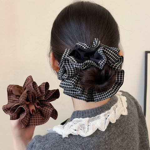 Scrunchies a Doppio Strato in Fantasia Pied de Poule Retrò Elastici per Capelli in Tessuto Vintage Accessori Donna