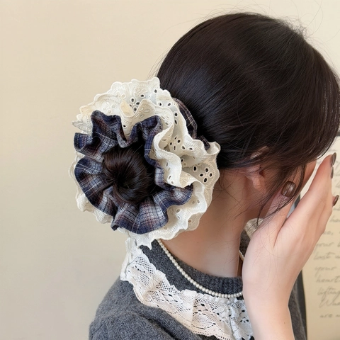 Κορεάτικο Στυλ Καρό Δαντελένιο Scrunchie Vintage Υφασμάτινο Λαστιχάκι Μαλλιών για Γυναίκες Μεγάλο Ανθισμένο Τελείωμα