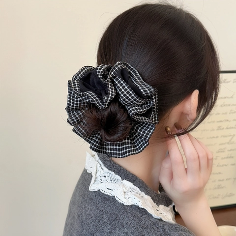 Scrunchies a Doppio Strato in Fantasia Pied de Poule Retrò Elastici per Capelli in Tessuto Vintage Accessori Donna