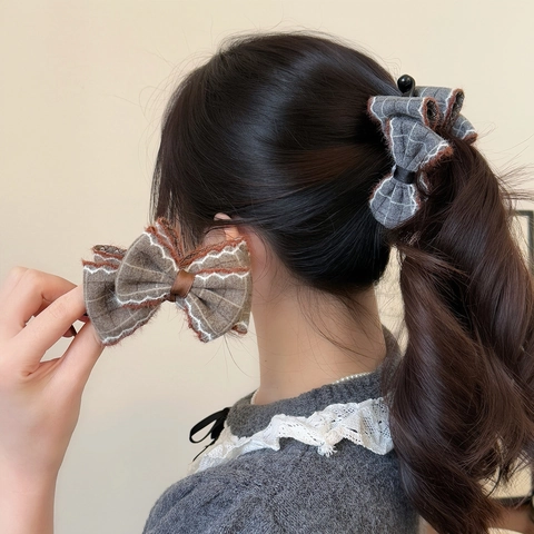 Pinza a Banana con Fiocco Plaid Vintage per Donna Elegante Accessorio per Capelli in Tessuto Coreano Clip a Torsione a Quadri Retrò per lo Styling