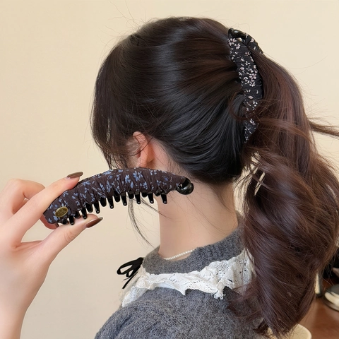 Fermaglio a Banana in Tessuto Floreale Stile Coreano Per Donna Porta Coda Alta Vintage Elegante Accessorio Per Capelli
