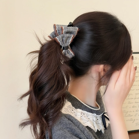 Pinza a Banana con Fiocco Plaid Vintage per Donna Elegante Accessorio per Capelli in Tessuto Coreano Clip a Torsione a Quadri Retrò per lo Styling