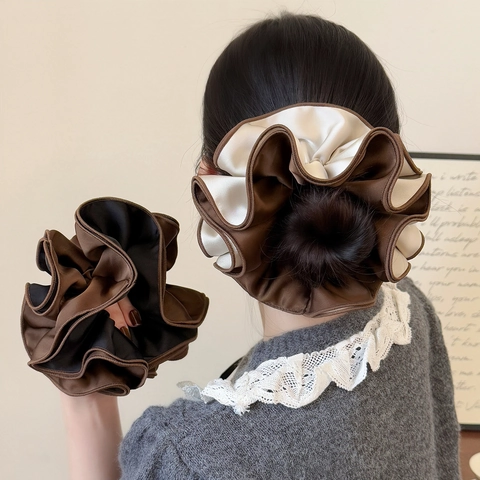 Elegant Korean Style Satin Scrunchies For Women Large Four Layer Ruffled Edge Color Block Hair Ties Vintage Hair Accessories