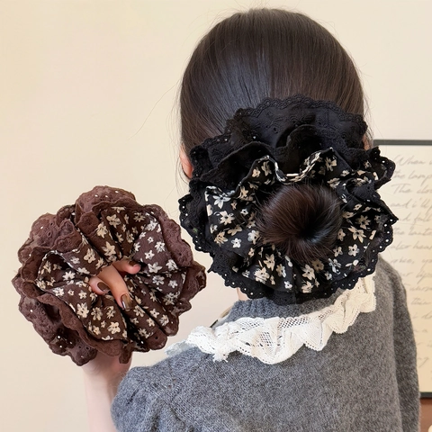 Floral Lace Scrunchie Large Fabric Hair Tie Elegant Vintage Hair Accessories For Women Handmade Ruffle Ponytail Holder