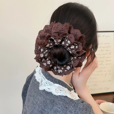 Floral Lace Scrunchie Large Fabric Hair Tie Elegant Vintage Hair Accessories For Women Handmade Ruffle Ponytail Holder