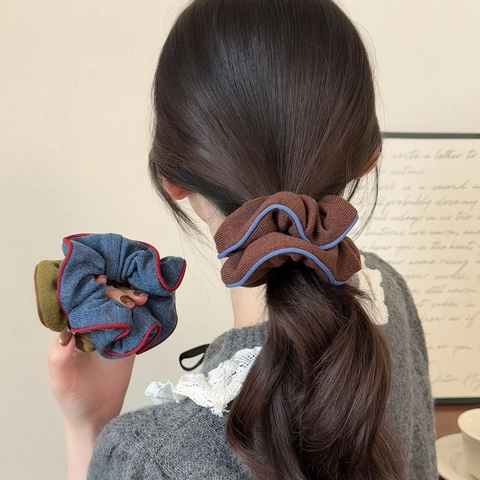 Coleteros de Punto Vintage Borde Overlock Color de Contraste Elásticos para Cabello Invierno Suaves de Canalé Accesorios para Pelo Mujer