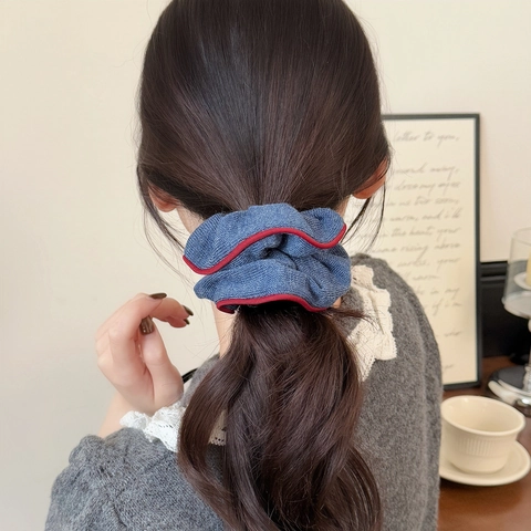 Coleteros de Punto Vintage Borde Overlock Color de Contraste Elásticos para Cabello Invierno Suaves de Canalé Accesorios para Pelo Mujer