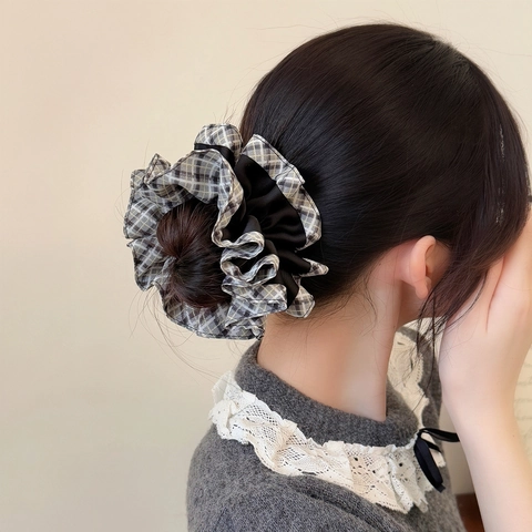 Chouchous Double Couche à Carreaux Vintage pour Femmes Grands Élastiques à Cheveux en Tissu Élégants Accessoires Cheveux Style Coréen