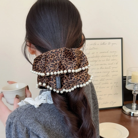 Scrunchie Leopardato con Perle per Donna Stile Coreano Elastico per Capelli in Tessuto con Perle Artificiale Accessori