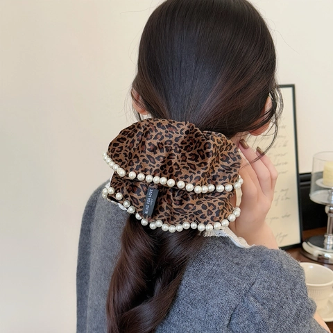 Scrunchie Leopardato con Perle per Donna Stile Coreano Elastico per Capelli in Tessuto con Perle Artificiale Accessori