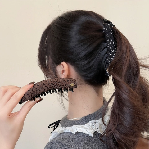 Vintage Stoff Umwickelte Bananenspange Exquisite Leopard Blumen Pferdeschwanz Halter Vertikale Haarklammer Hoch Cranial Top Haarspange