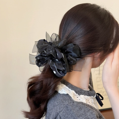 Coleteros Elegantes de Malla de Organza para Mujer Lazo de Lunares Gomas para el Pelo Vintage Francés Accesorios para el Cabello