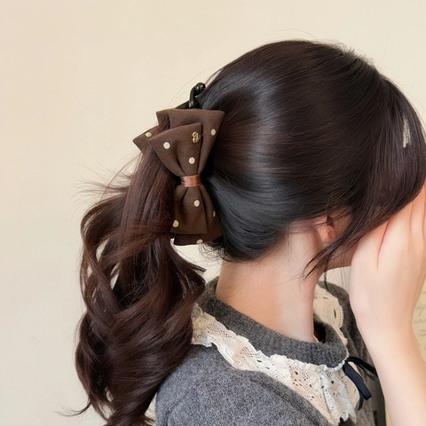 French Retro Polka Dot Bow Banana Clip Elegant Handmade Fabric Hair Clip For Women High Horsetail Hair Accessory Decoration