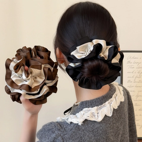 Chouchous en Satin Bicolore Style Coréen Avec Volants à Bordure Ondulée Grands Élastiques Corde à Cheveux Accessoires Femme