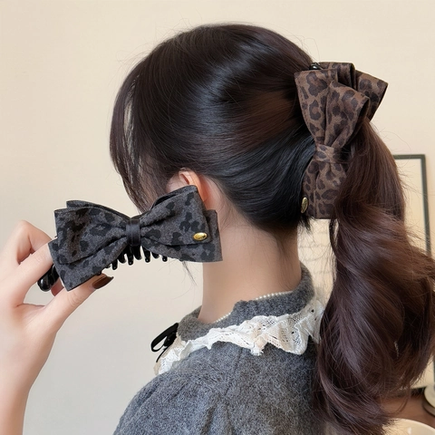 Pinza para el Cabello Banana con Lazo de Estampado de Leopardo Vintage Coreano Hecho a Mano de Tela para Mujer Tocados de Moda