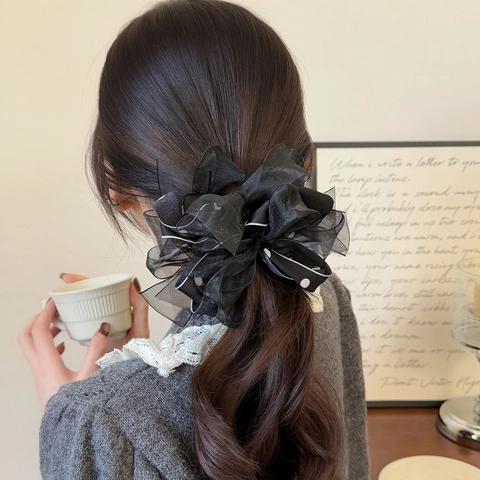Coleteros Elegantes de Malla de Organza para Mujer Lazo de Lunares Gomas para el Pelo Vintage Francés Accesorios para el Cabello