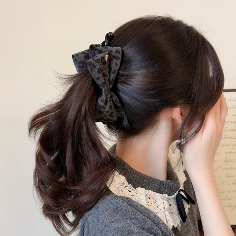 Pinza para el Cabello Banana con Lazo de Estampado de Leopardo Vintage Coreano Hecho a Mano de Tela para Mujer Tocados de Moda