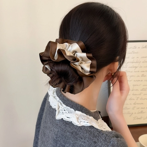 Chouchous en Satin Bicolore Style Coréen Avec Volants à Bordure Ondulée Grands Élastiques Corde à Cheveux Accessoires Femme