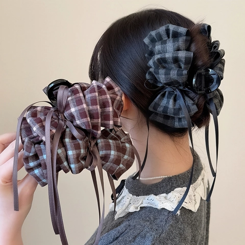 Vintage Kariert Satin Schleife Haarklammer Mit Langem Band Für Damen Süße Koreanische Stil Stoff Gefaltete Haarnadel