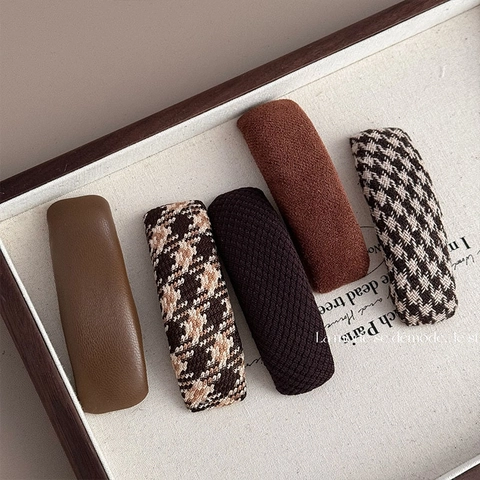 Retro Maillard Style Fabric Wrapped Rectangle BB Hair Clips For Women Plaid Faux Leather Houndstooth Hairpins Side Bangs Clips