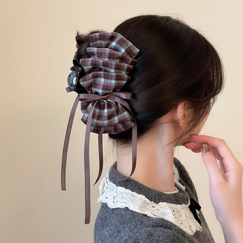 Vintage Kariert Satin Schleife Haarklammer Mit Langem Band Für Damen Süße Koreanische Stil Stoff Gefaltete Haarnadel