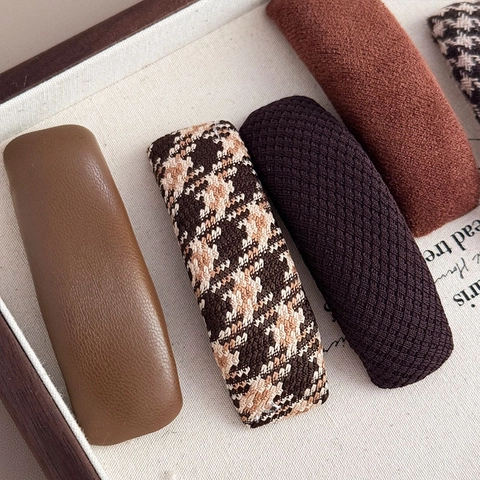 Retro Maillard Style Fabric Wrapped Rectangle BB Hair Clips For Women Plaid Faux Leather Houndstooth Hairpins Side Bangs Clips